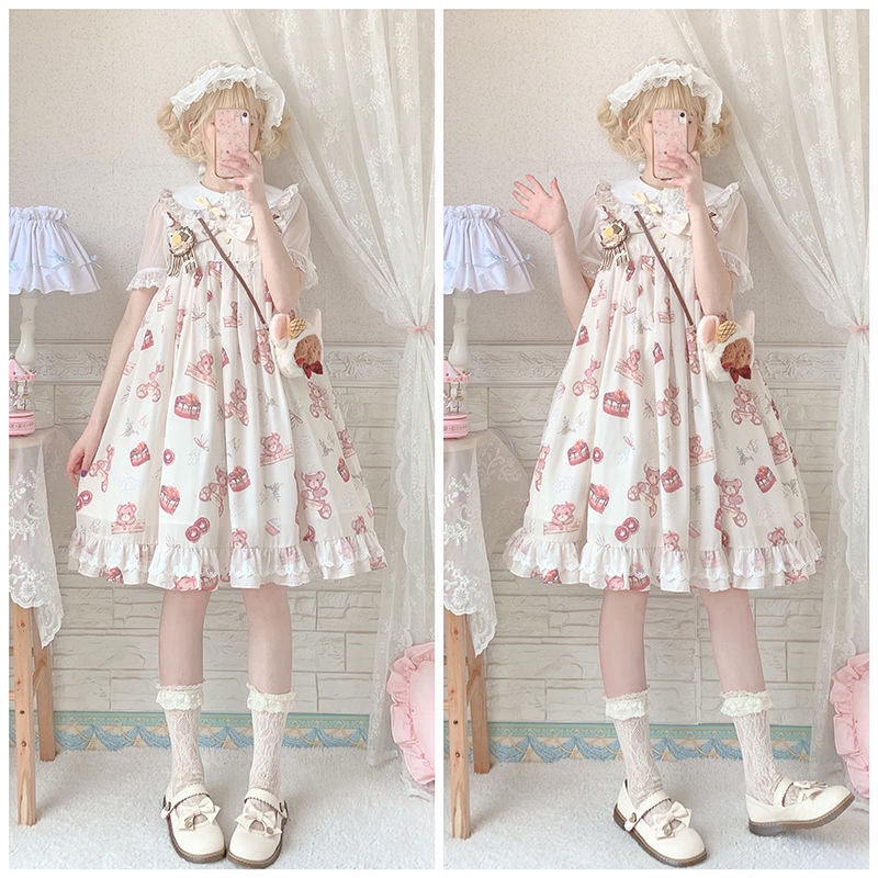 Đầm Lolita Hai Dây Họa Tiết Gấu Dễ Thương Cho Bé Gái