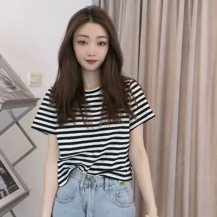 Áo Thun Cotton Tay Ngắn Cổ Tròn Dáng Rộng Họa Tiết Kẻ Sọc Thời Trang Mùa Hè Cho Nữ