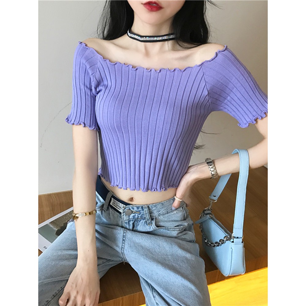 1E10 Áo croptop dệt kim tay ngắn thiết kế trễn vai sexy nữ tính