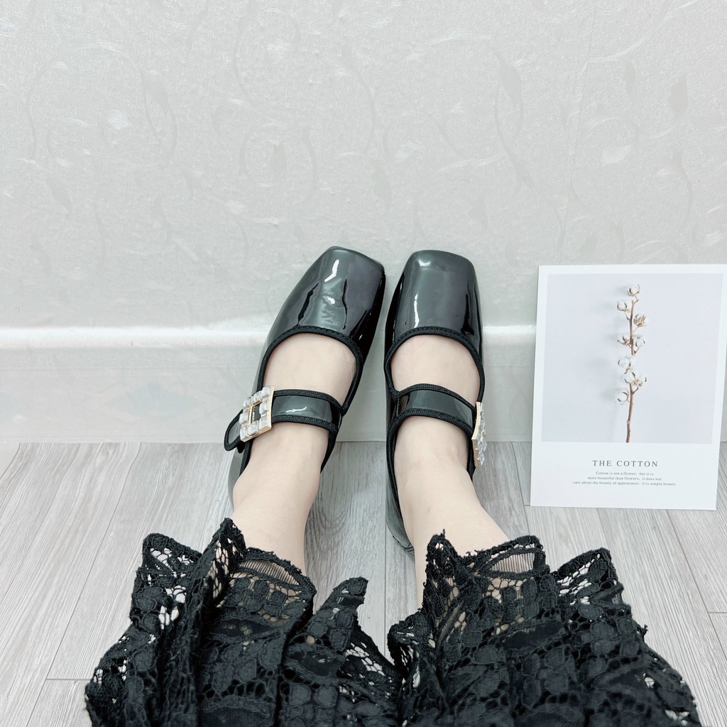 Giày búp bê giày bệt nữ quai ngang gắn đá đen bóng tiểu thư sang chảnh HIBEE