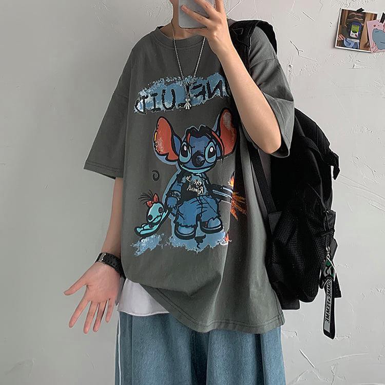 Áo thun nam nữ Chuột Stitch unisex tay lỡ cổ tròn cotton trắng đen basic phom rộng oversize local brand Cheapy