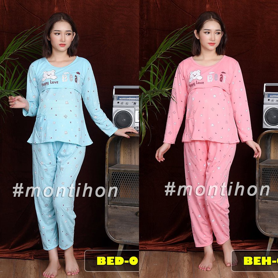 Bộ đồ dài bầu và sau sinh chất cotton lật nắp cho bé bú tiện lợi