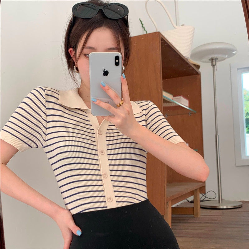 Áo Thun Dệt Kim Ngắn Tay Cổ Polo Họa Tiết Kẻ Sọc Màu Sắc Tương Phản Phong Cách Mỹ Thời Trang Mùa Hè Cho Nữ