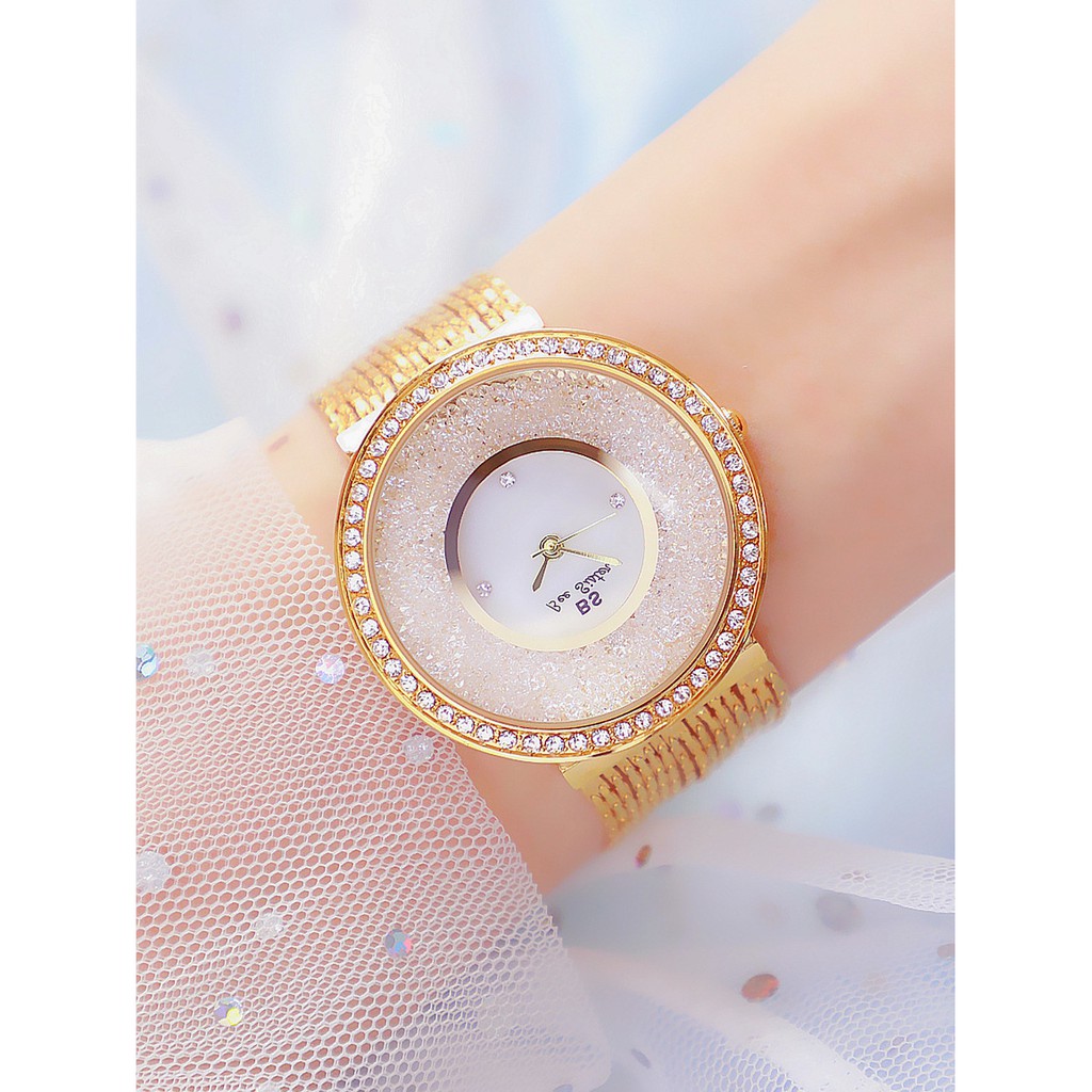 Đồng hồ nữ đính kim cương nhân tạo, đồng hồ nữ chính hãng BEE SISTER dây kim loại, siêu sang, cực kỳ cao cấp