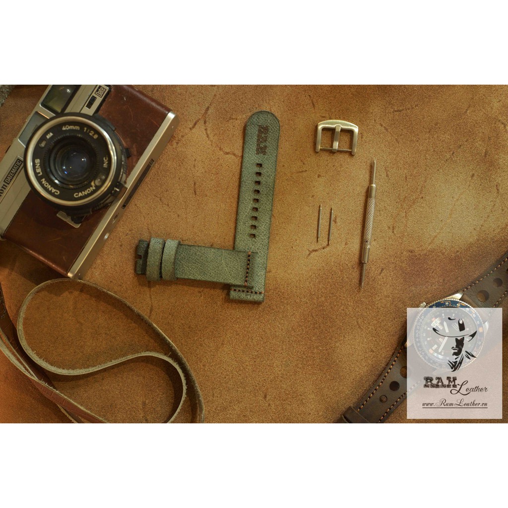 Dây đồng hồ RAM Leather vintage Simple da bò thật da bò lộn xanh matcha