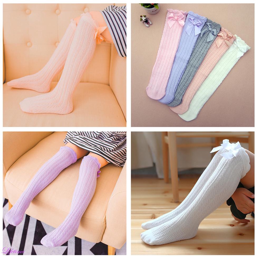 Vớ Dài Bằng Cotton Mềm Mại Giữ Ấm Chân Đính Nơ Dễ Thương Cho Bé Gái Sơ Sinh