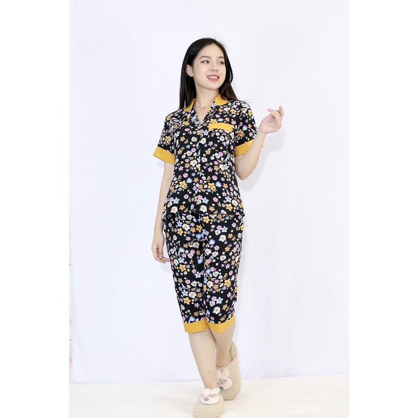 [HÌNH THẬT 100%] Bộ đồ Pijama nữ lửng MÀU ĐEN HOA NHÍ PHA CỔ VÀNG - vải lụa cao cấp - Cực Kì Sang Chảnh