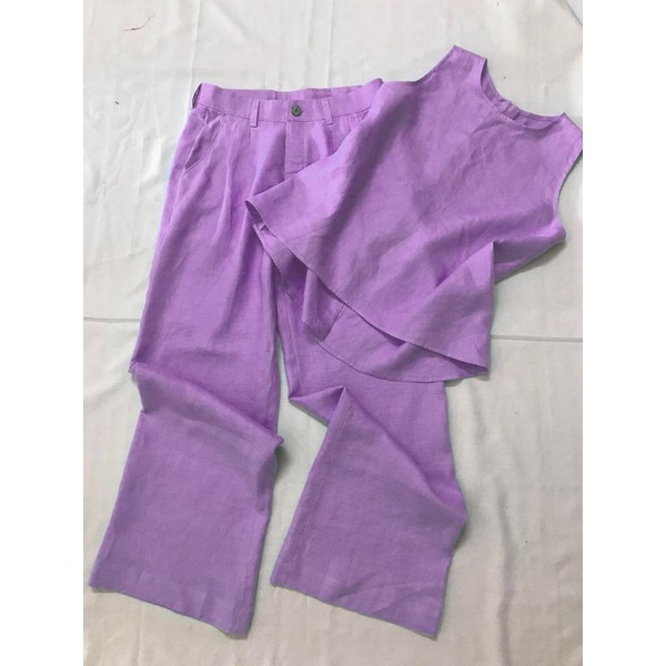 Set bộ ba lỗ màu tím quần dài chất liệu Linen_S7100