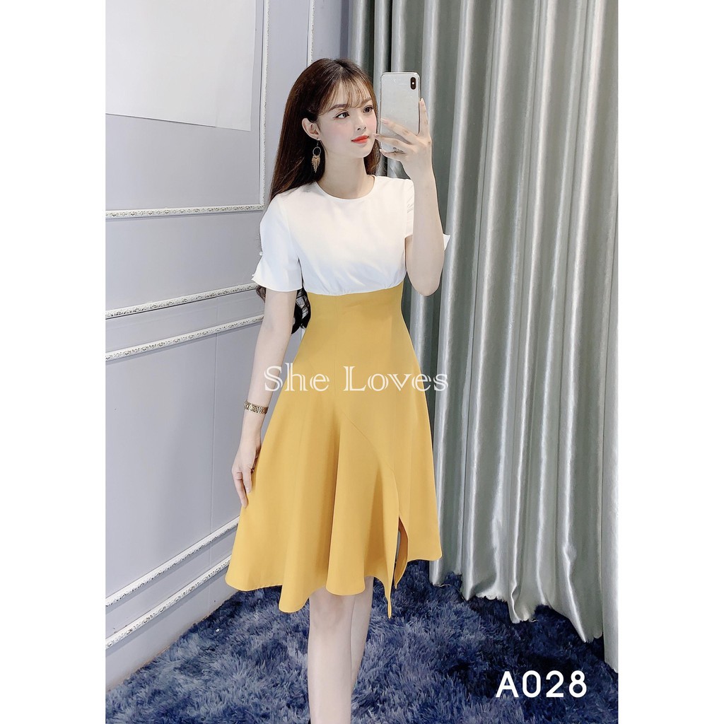 Đầm Công Sở Dáng Suông Eo Ôm Xẻ Chân Váy -  TIIN STORE         A028 Màu Vàng Phối Trắng
