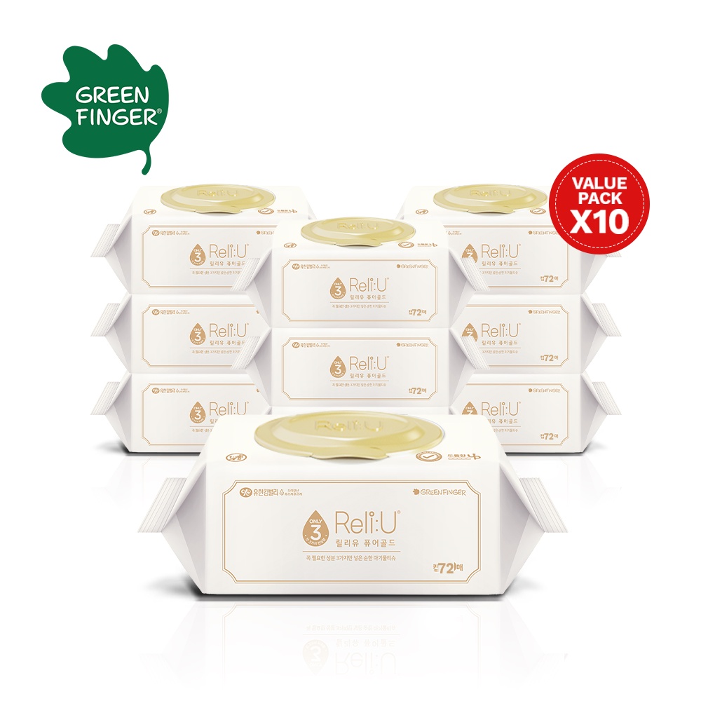 Khăn Giấy Ướt Cao Cấp Hàn Quốc Greenfinger Reli:U Pure Gold Wipes 72 tờ/ 1 Túi Màu Vàng