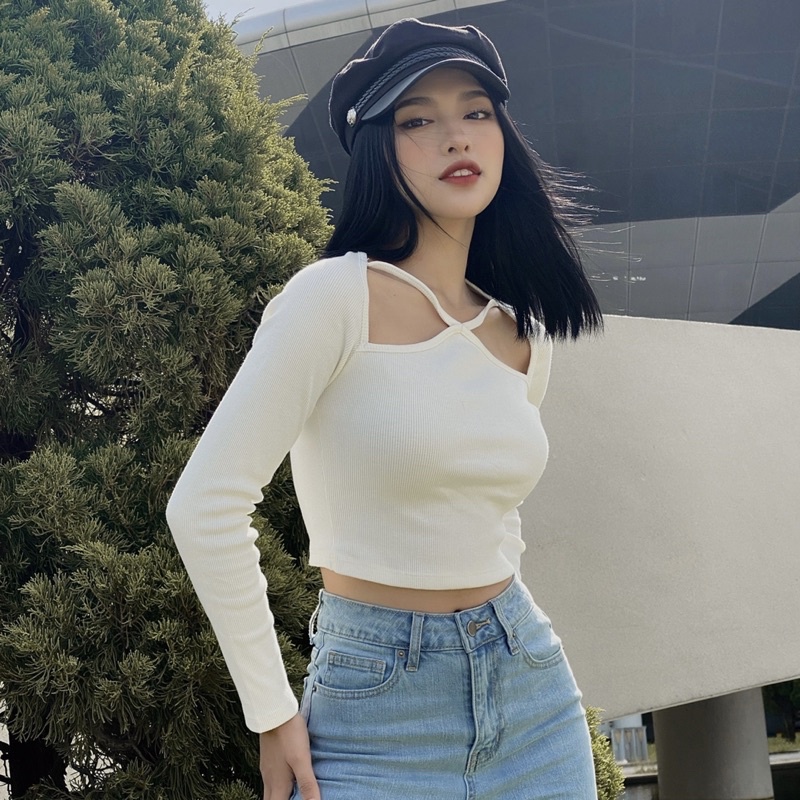 Áo croptop nữ tay dài TOPTIFY kiểu yếm hở vai dây chéo ngực High Standard Top A227