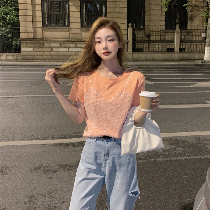 Áo Thun Tay Ngắn Cổ Tròn Đính Kim Sa Lấp Lánh Thời Trang Hàn Quốc Cá Tính