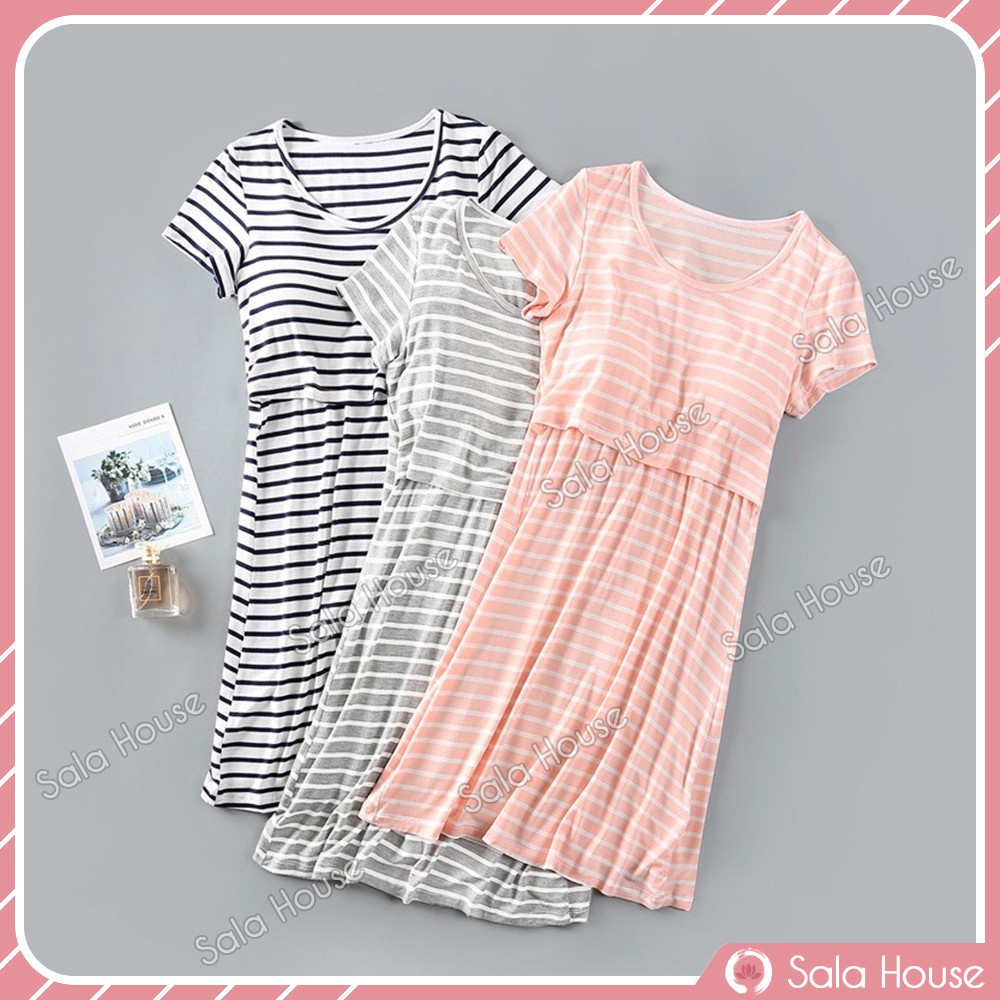 ☃◆Váy Cho Con Bú - Đầm Bầu Thun Mặc Nhà Kèm Lót Ngực SalaHouse vải Modal Mềm Mịn Co Giãn mẹ và sau sinh VB01
