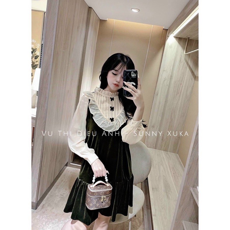Bán sỉ váy nhung pha voan 3 nơ cổ