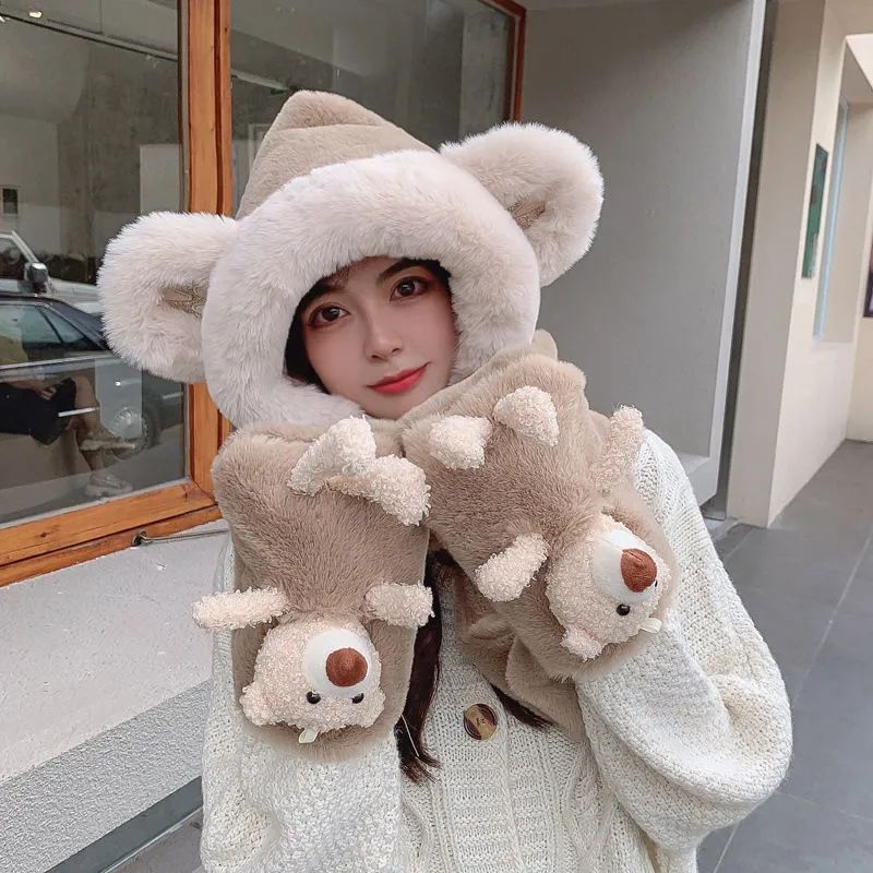 Mũ Trùm Đầu Kèm Khăn Choàng Lông Xù Giữ Ấm Tai Gấu Dễ Phối Đồ Thời Trang Thu Đông Hàn Quốc Mới Nhất