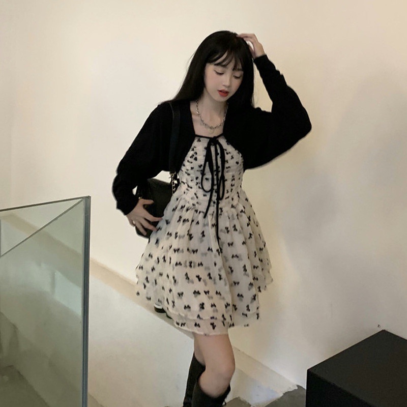 Set áo khoác cardigan + váy hoa nhí