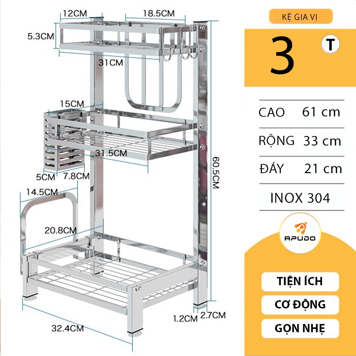 Kệ đựng gia vị inox 304 2 tầng 3 tầng nhà bếp, Kệ để đồ nhà bếp đa năng siêu bền gọn gàng không gian bếp MKS006