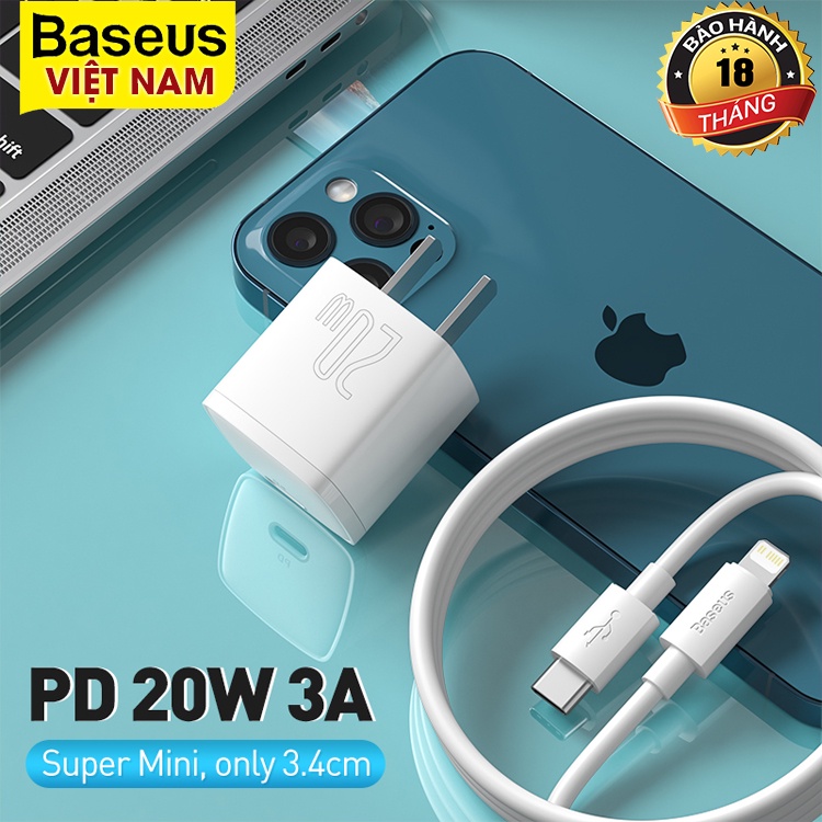 Bộ Sạc Baseus USB Type C chuẩn PD 20W Bộ Sạc Di Động USB C Hỗ Trợ Sạc Type C Sạc Nhanh Cho IP13,IP12ProMax, IP11,...