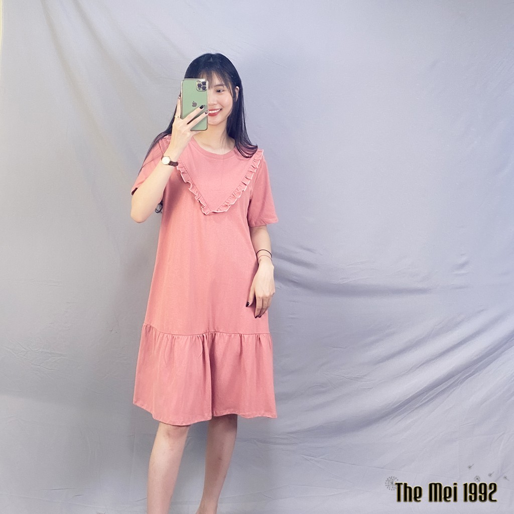 Váy thun suông nữ The Mei 1992 - Đầm bầu bigsize cố tròn kèm viền bèo dáng đuôi cá chất cotton thoáng mát | BigBuy360 - bigbuy360.vn