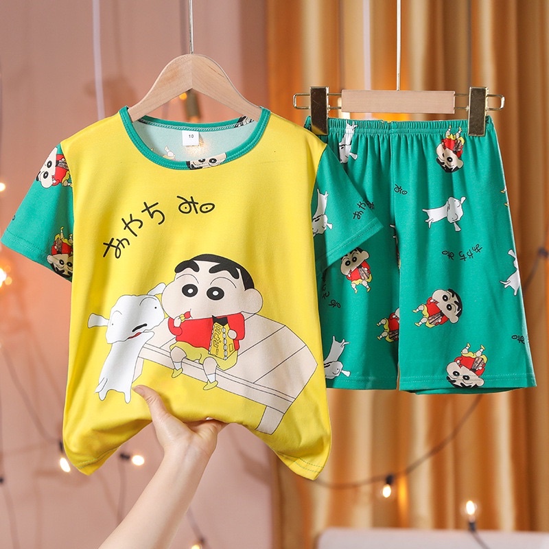 Bộ đồ ngủ ngắn tay chất thun cotton in hoạ tiết hoạt hình dễ thương cho bé từ 3-9 tuổi