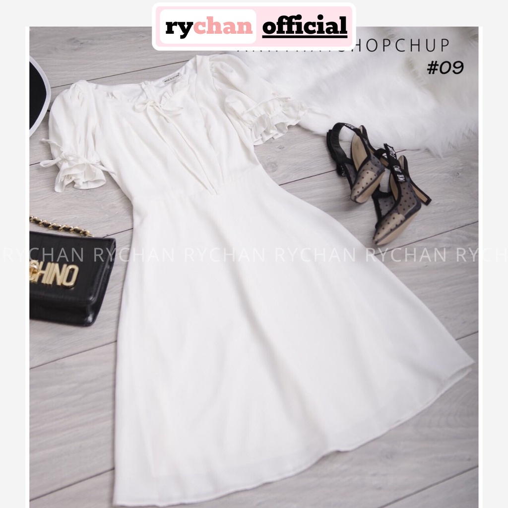 [ẢNH THẬT CUỐI] DX739 - Đầm Xòe Trắng Nơ Cổ Phối Tay Phồng