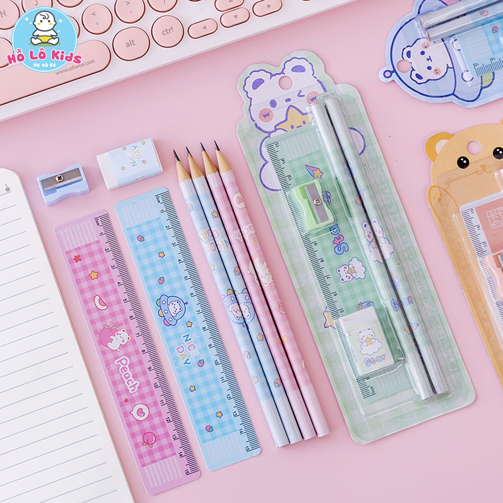Bộ 4 chi tiết bút chì, thước kẻ, gọt bút, tẩy xinh xắn siêu tiện lợi Hồ Lô Kids
