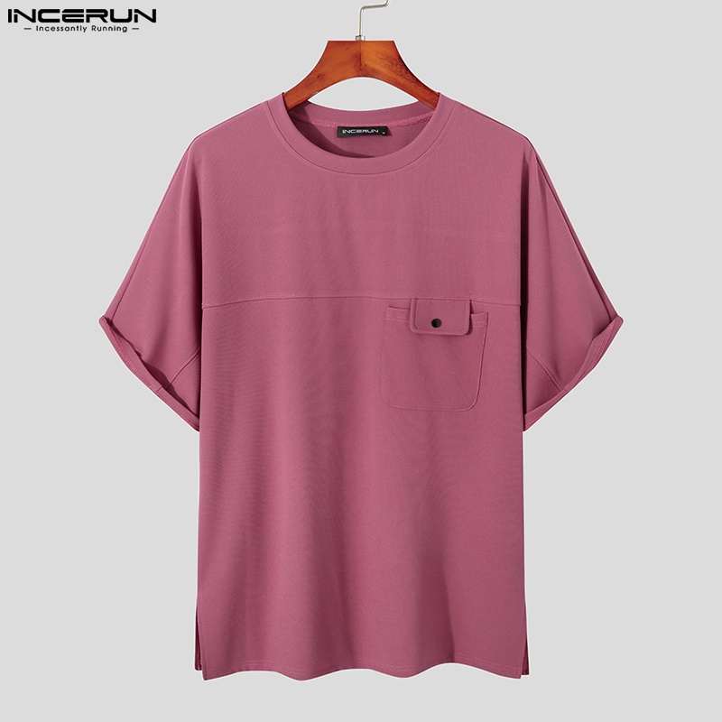 Áo thun INCERUN tay ngắn cổ tròn dáng rộng phối lưới ngọc trai phong cách Hàn Quốc độc đáo cho nam