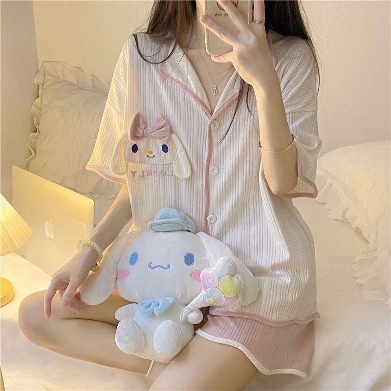 Bộ Cotton Gân Phối Viền Màu Siêu Mát Hình Thỏ Túi Ngực Xinh, Mẫu Hot hai màu Xanh Hồng