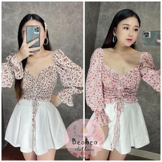 [Ảnh thật] Áo croptop hoa nhúng chỉ tay phồng rút ngực ulzzang