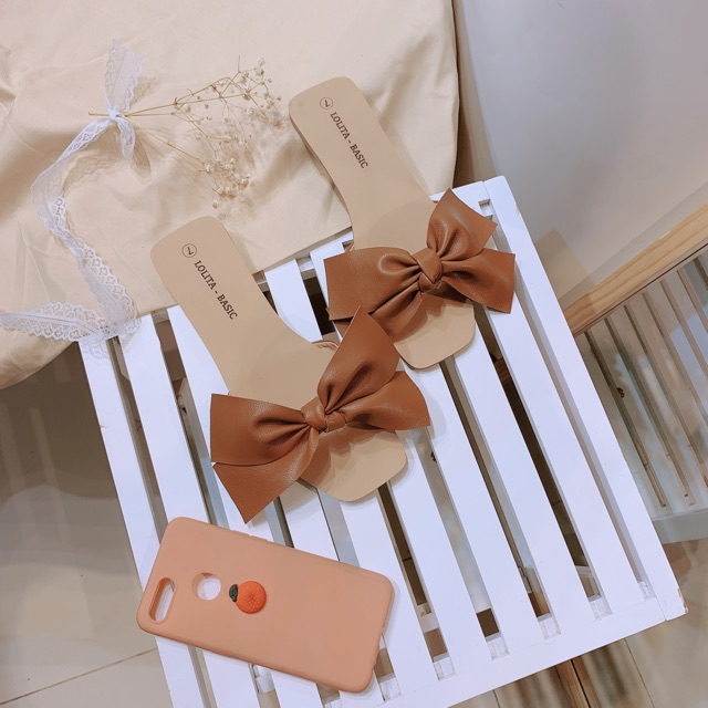 Dép nơ da thắt lolita basic
