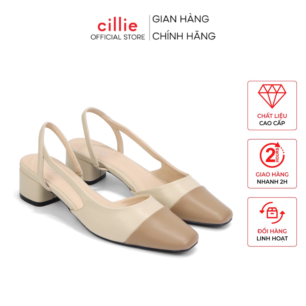 Giày Sandal Nữ Cillie Slingback Mũi Vuông Phối Nỉ Gót Vuông Cao 5p 1114