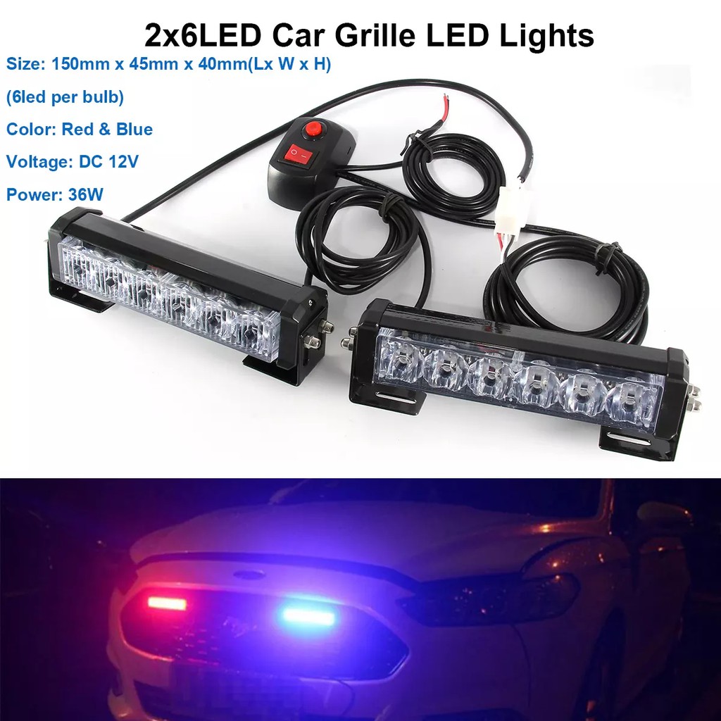 Bộ 2 cái đèn LED 6 bóng có lưới tản nhiệt dành để cảnh báo chế độ nhấp nháy màu đỏ và xanh dương công suất 12V dành-OTLZ