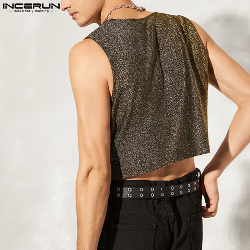 INCERUN Áo Ghi Lê Không Tay Cổ Chữ V Sáng Bóng Gợi Cảm Cho Nam