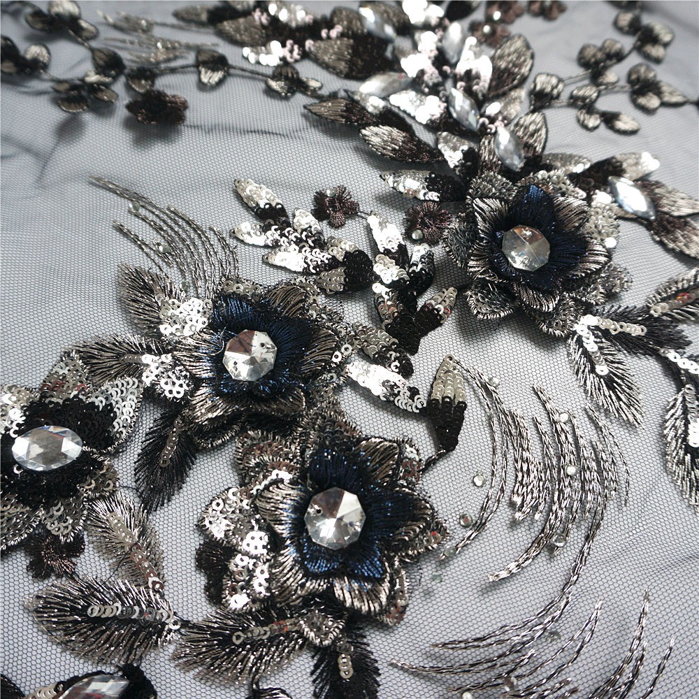 Vải Ren Thêu Hoa Màu Đen Đính Kim Sa Lấp Lánh Dùng May Váy Cưới diy