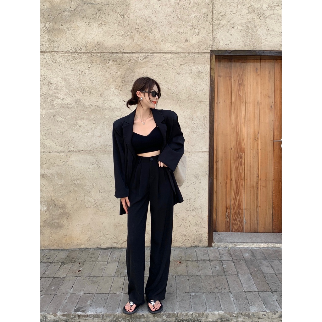 SUXI Quần Dài Lưng Cao Ống Rộng Màu Sắc Đơn Giản Phong Cách Hàn Quốc Cho Nữ