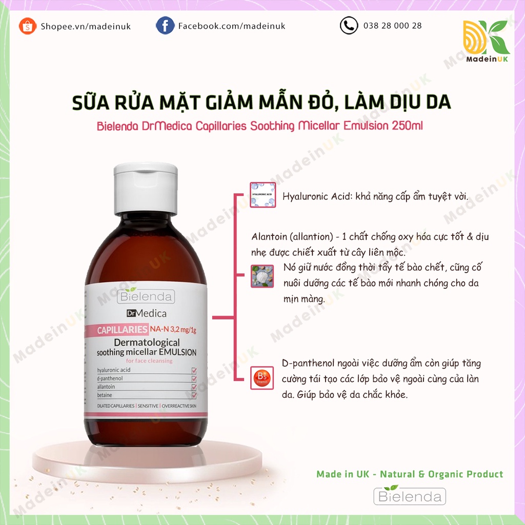 Sữa Rửa Mặt & Tẩy Trang Bielenda Dr Medica Capillaries Soothing Micellar Emulsion 250ml Giảm Mẫn Đỏ, Giãn Mao Mạch