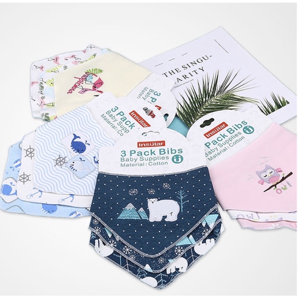 Set 3 yếm tam giác cotton cao cấp cho bé Insular bấm nút cài sau