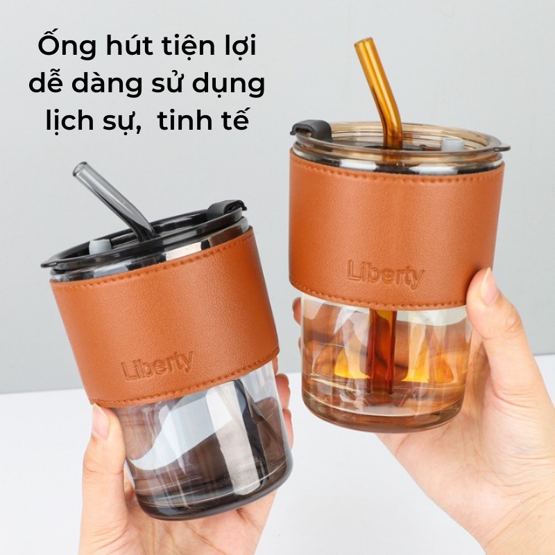 Ly uống nước thủy tinh đẹp dễ thương decor có nắp có ống hút 420ml VỎ DA  cốc thủy tinh cute uống cafe sinh tố OUOUDECOR