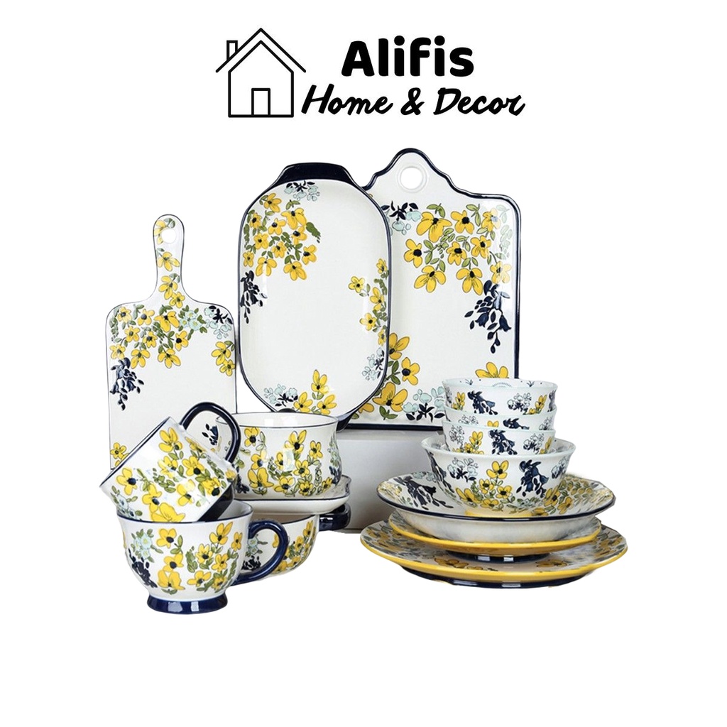 Bát đĩa hoa vàng , chén dĩa decor hoa mai vàng Alifis
