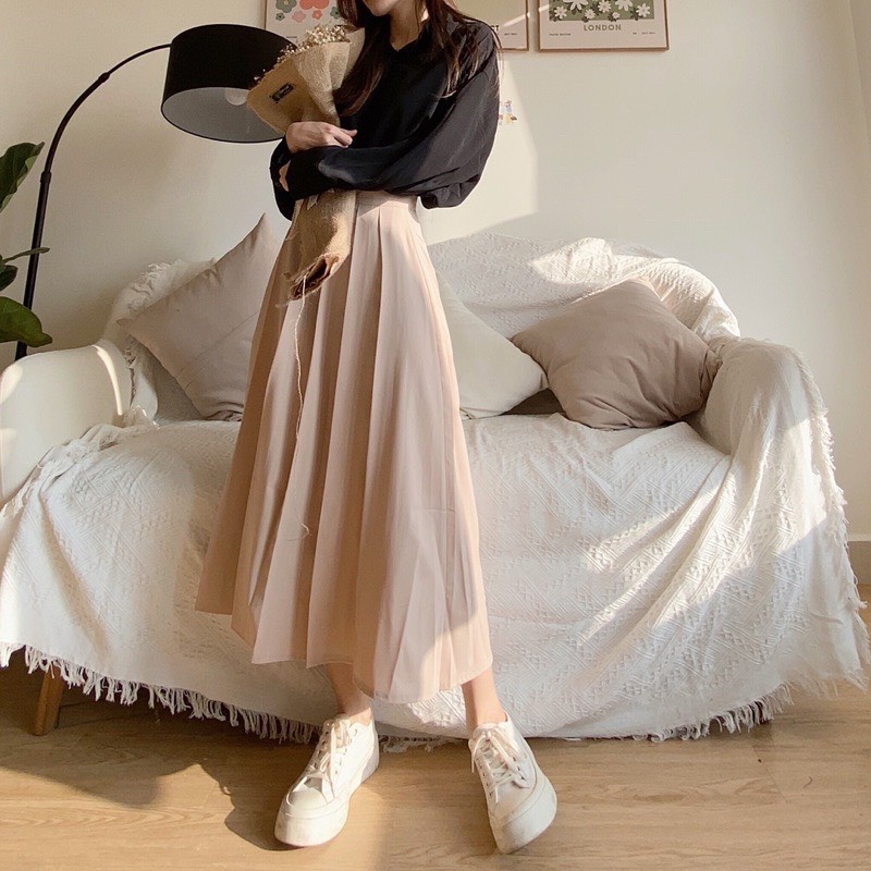 Chân váy xếp ly dài ullzang váy xếp li xòe dài kiểu váy midi cạp cao phong cách công sở Banamo Fashion 5346
