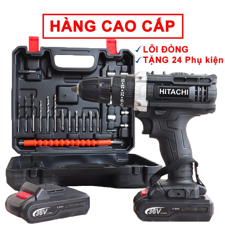 [Tặng bộ 24 mũi khoan] Máy Khoan Pin Hitachi 36v có búa–3 chức năng kèm 2 pin chuẩn 5 cell, Lõi đồng - Máy Bắn Vít Cầm