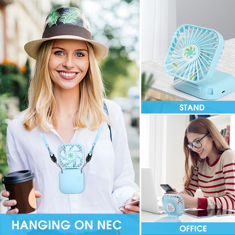 Quạt Điện Làm Mát Để Bàn Mini Bằng Nhựa Gấp Được 3 Tốc Độ Kèm Dây Treo Và Sạc USB 180 Độ Tiện Dụng Mang Theo Du Lịch