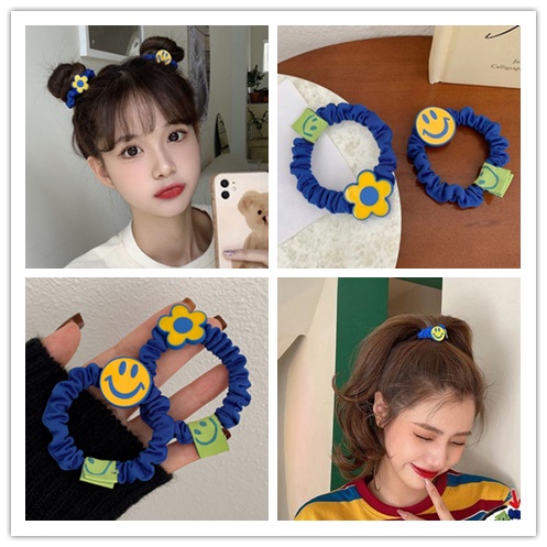 1 Dây Cột Tóc Co Giãn Hình Hoa Mặt Cười Màu Xanh Dương Thời Trang Cho Nữ