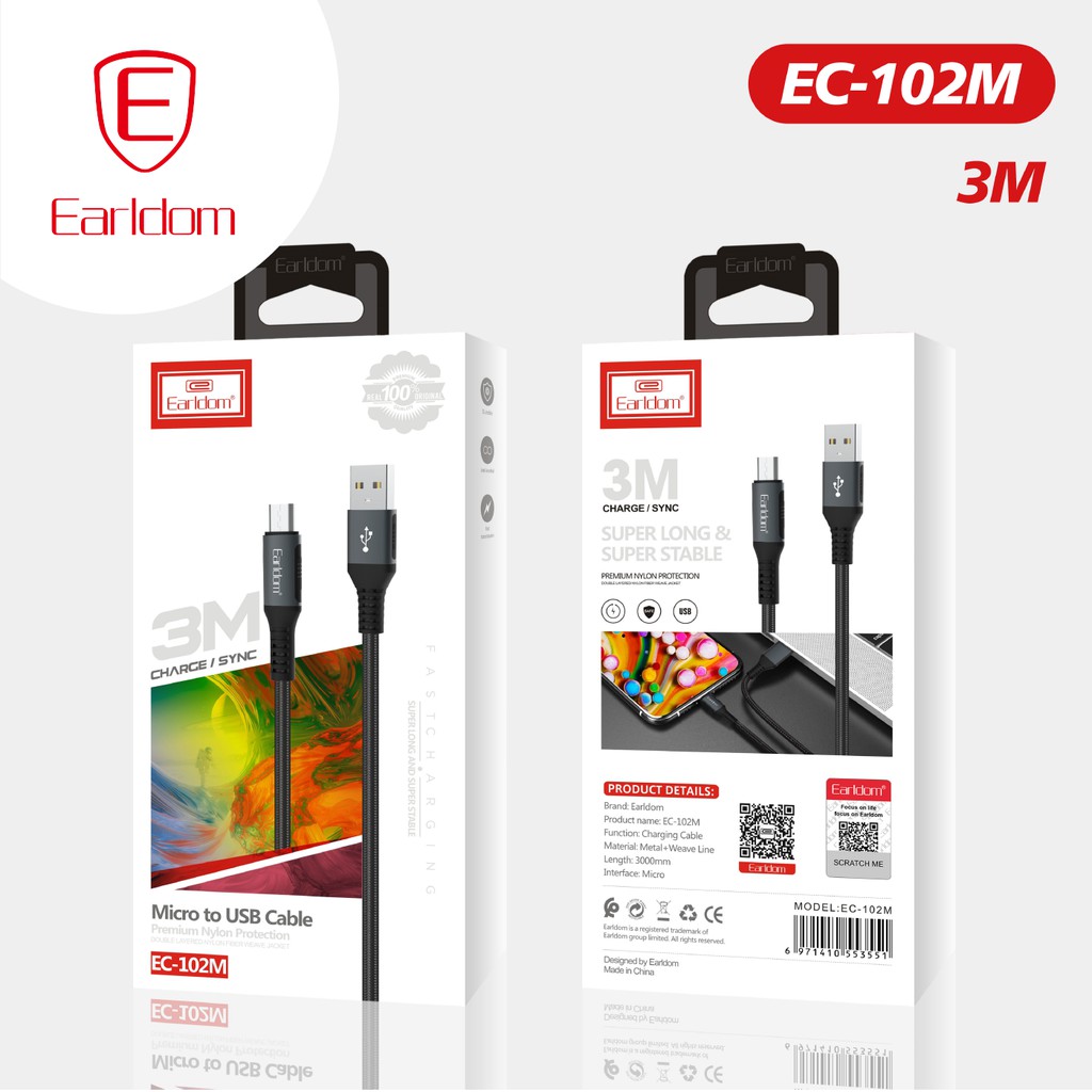 Cáp sạc bọc dù, hỗ trợ sạc nhanh 2.5A Earldom EC – 102 chính hãng