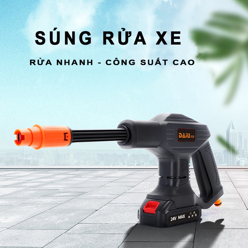 Máy rửa xe, Súng xịt rửa xe áp lực cao, vòi xịt nước rửa xe máy ô tô loại cao cấp 24V một pin một lần sạc