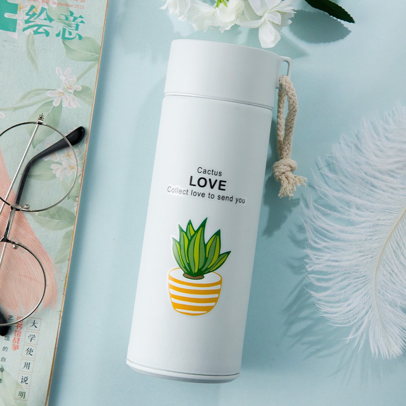 Bình giữ nhiệt in hình xương rồng 450ml lõi thủy tinh bọc nhựa lúa mạch có dây xách tiện dụng
