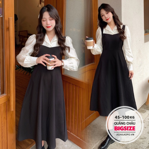 BIGSIZE Nữ (45-100kg) Đầm dáng xoè dài qua gối Chữ A Giả Hai Lớp Phong Cách Hàn Quốc