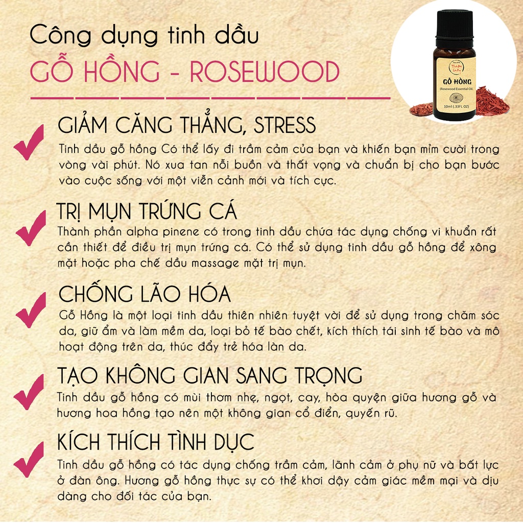 Tinh dầu Gỗ Hồng 20ml, cao cấp nhập khẩu, hương thơm tự nhiên, cân bằng cảm xúc, an thần, ngủ ngon - Thuốc Bắc Lãn Ông