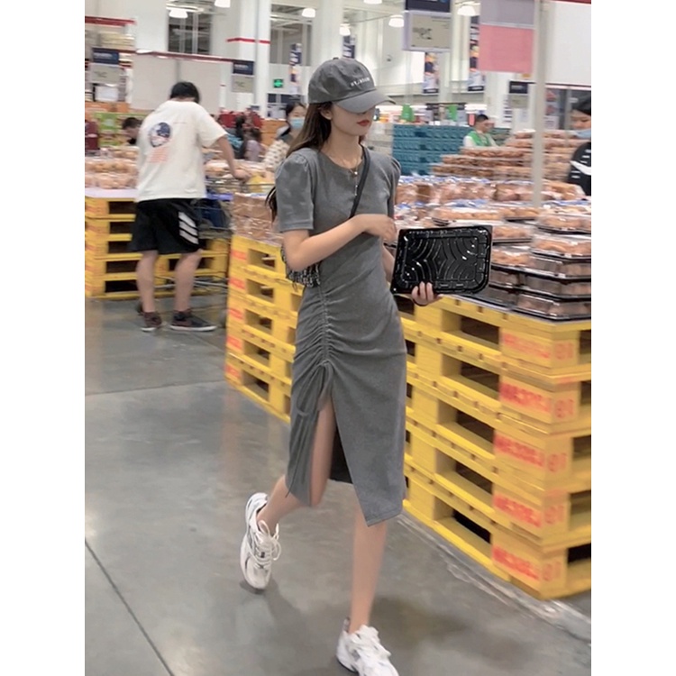 (ORDER) Váy thun cộc tay MORAN thiết kế kể rút dây nhăn nhún xẻ tà hở đùi gợi cảm style Hàn Quốc
