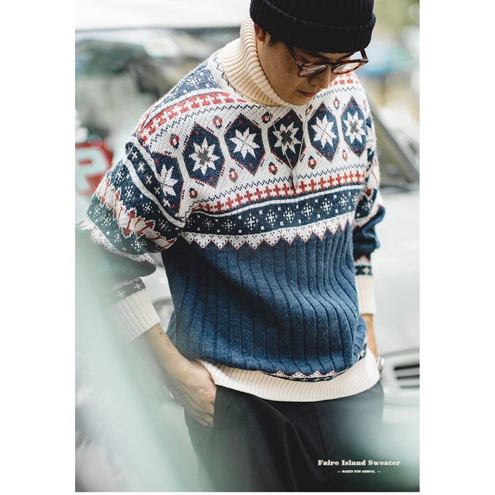 MADEN tooling men's autumn and winter Japanese retro Fair Isle jacquard turtleneck thick warm sweater